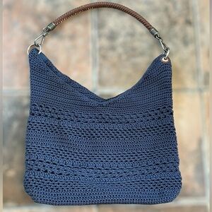 THE SAK Woven Crochet Bag Navy Blue With Braided Leather Handles